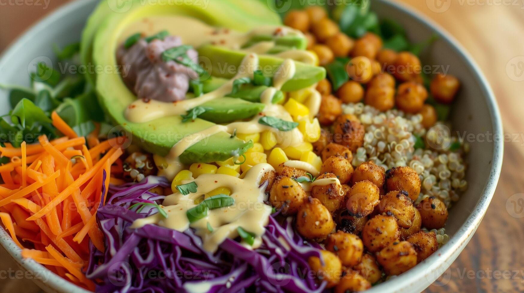 Close-up of a vibrant Buddha bowl featuring quinoa roasted chickpeas sliced avocado shredded carrots purple cabbage and a tahini dressing, picture photo