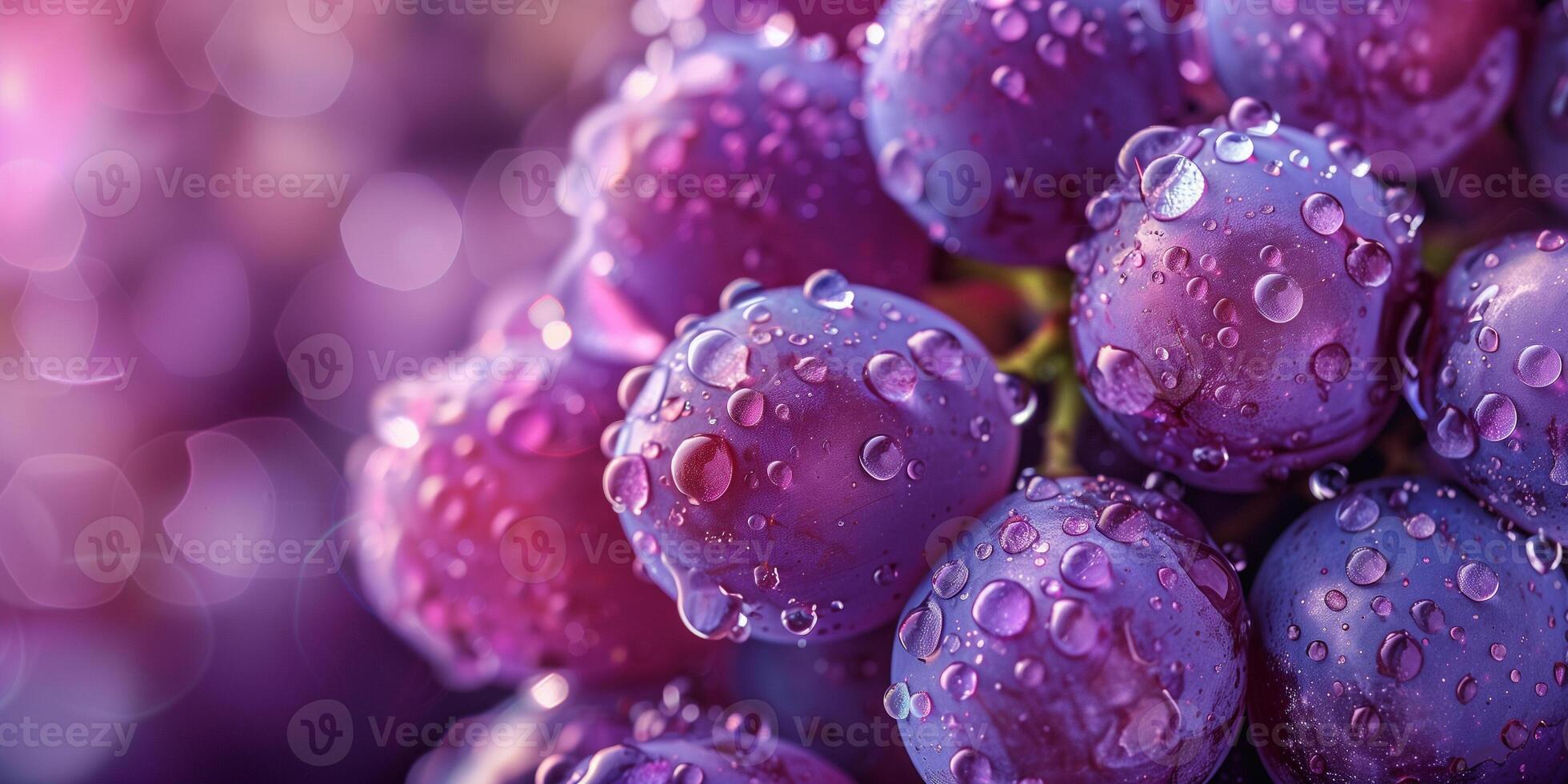 Close-up of organic grapes with morning dew on a rustic wooden surface, photography photo
