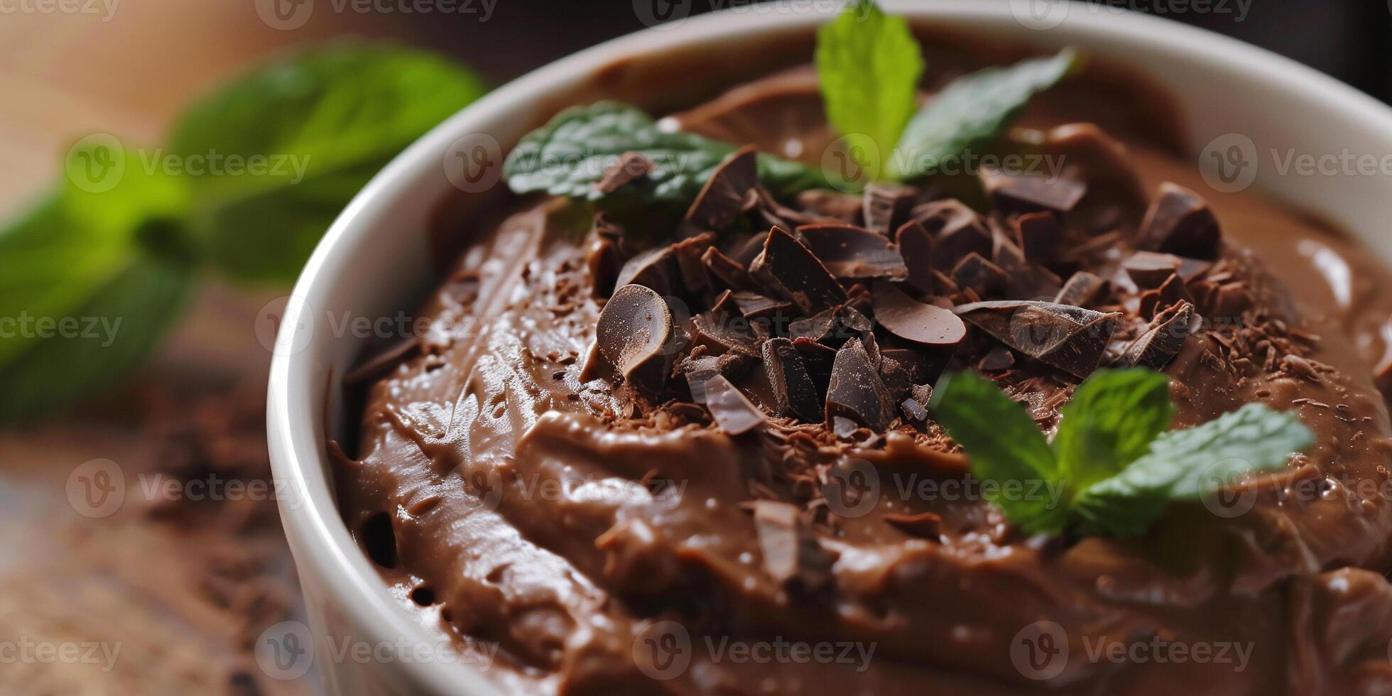 Low-carb chocolate avocado mousse with cacao nibs and mint leaves, picture photo