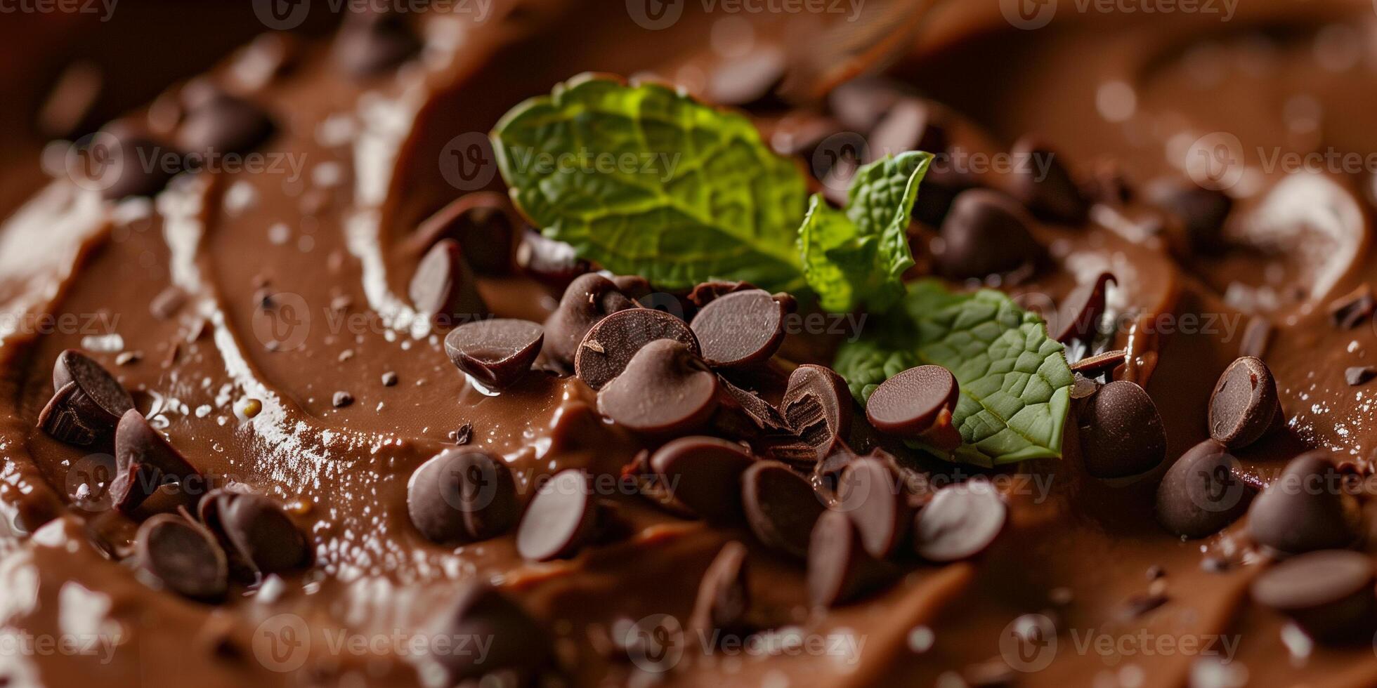 Low-carb chocolate avocado mousse with cacao nibs and mint leaves, photorealistic photo