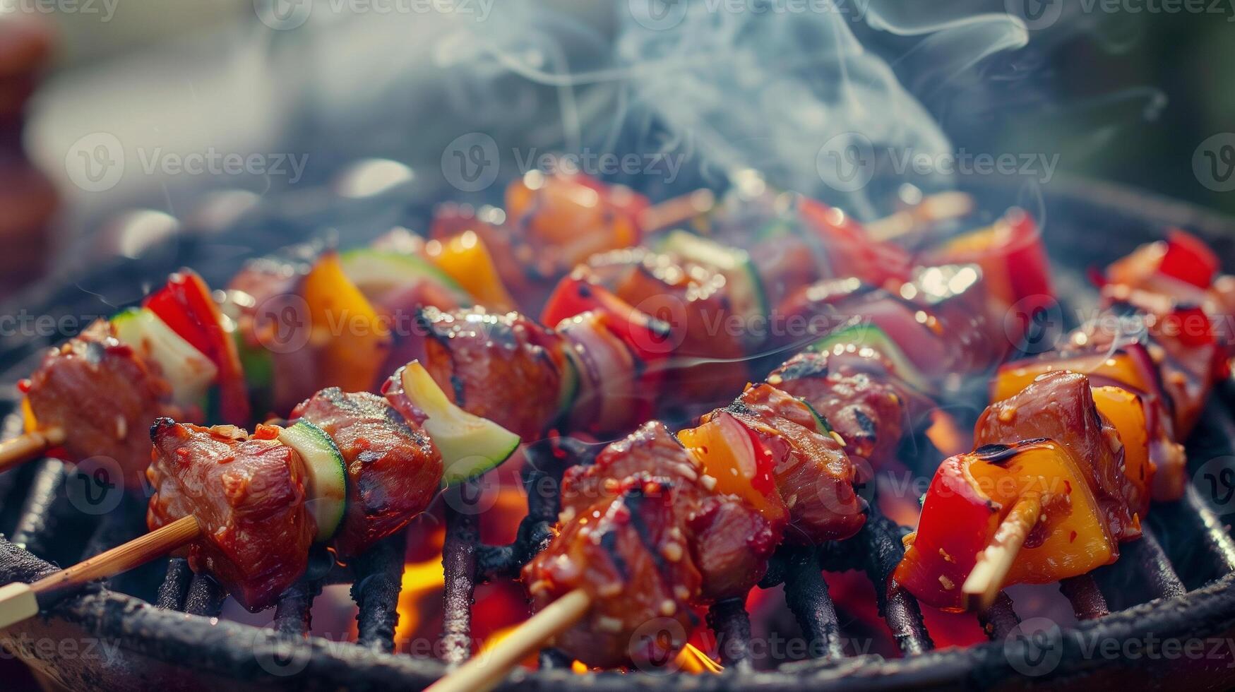 A close-up shot of a sizzling hot grill loaded with skewers of marinated meat and vegetables smoke rising into the air, photo