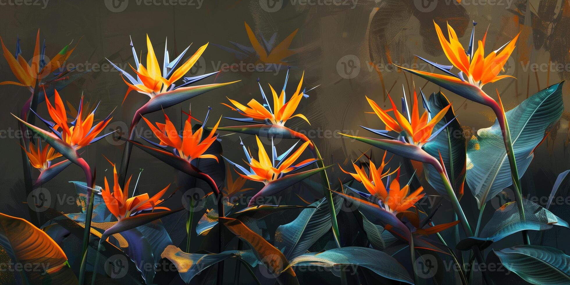 Cluster of bird of paradise plants with distinct orange and blue flowers resembling avian plumage, picture photo