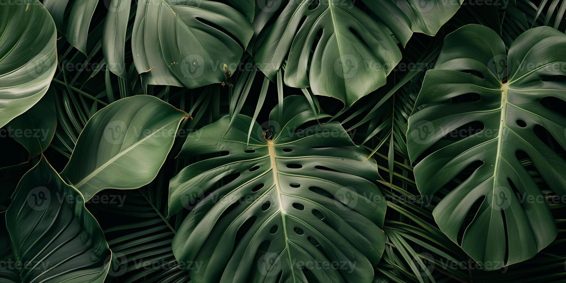 Close-up view of large palm leaves, featuring distinct textures and natural symmetry, photorealistic photo