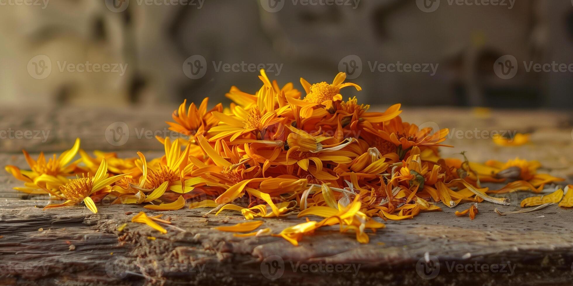 Cluster of dried calendula petals, arranged loosely on a rustic, wooden surface, picture photo