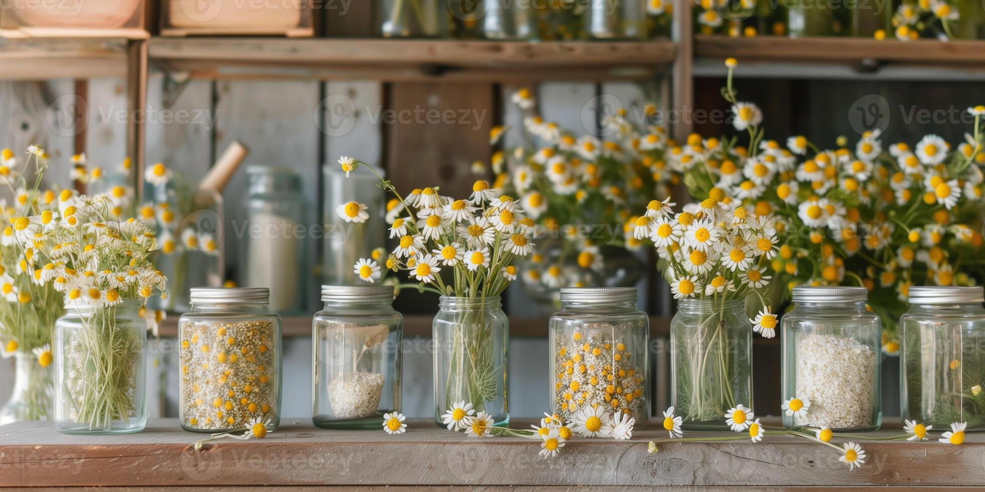 Collection of dried chamomile flowers in glass jars, photography photo