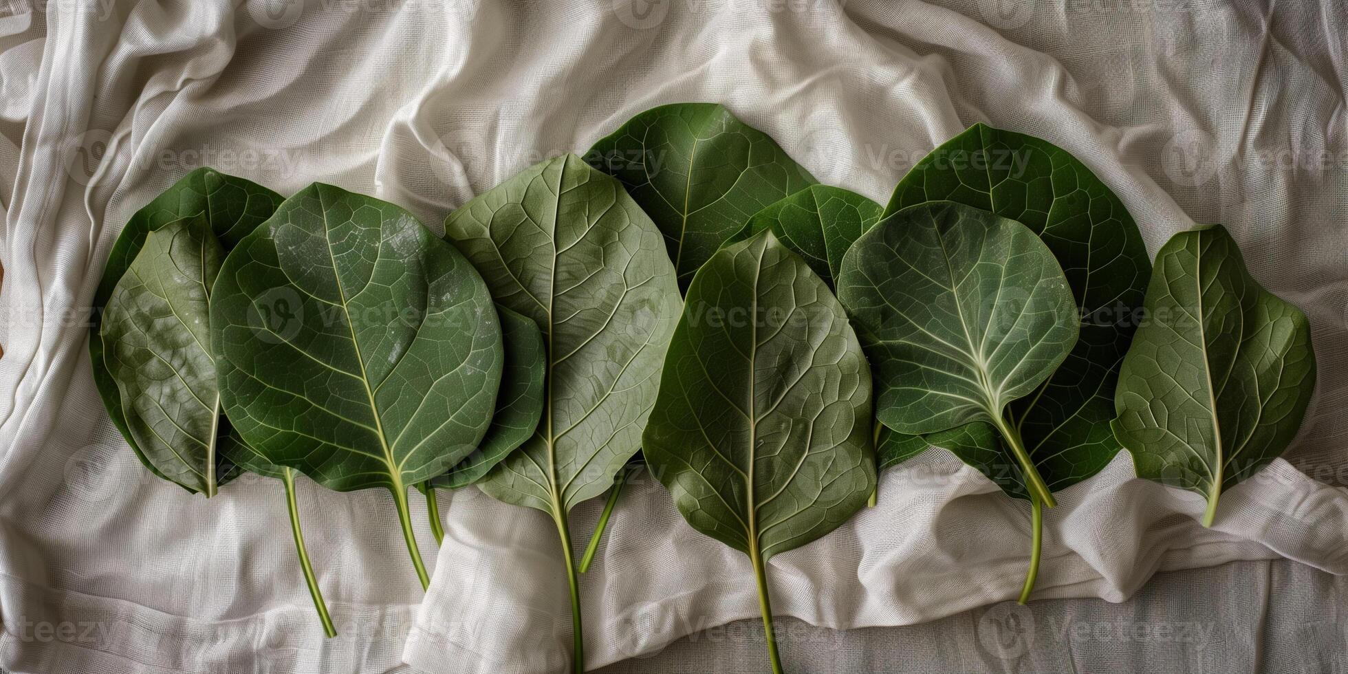 Freshly picked indigo leaves arranged on white cloth for fermentation process, photography photo