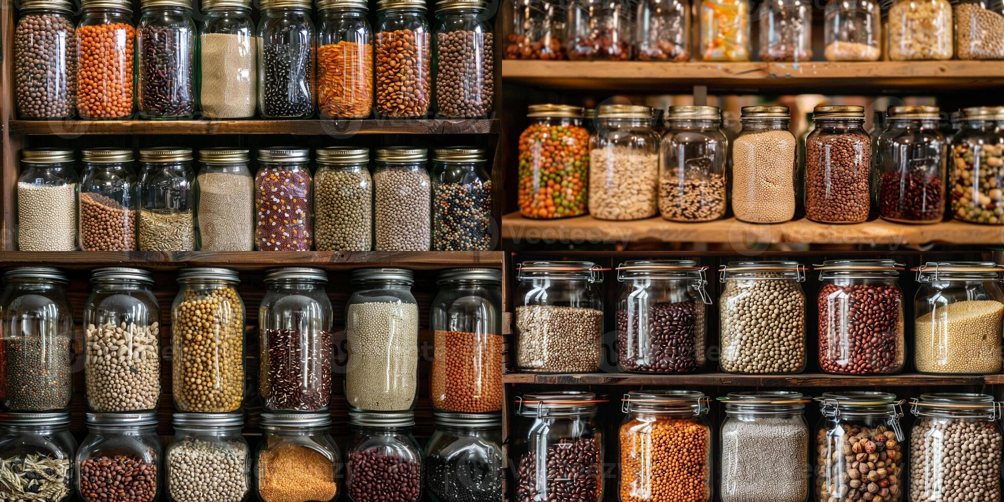 Glass jars with different types of beans, grains, and seeds neatly arranged on a pantry shelf, photorealistic photo