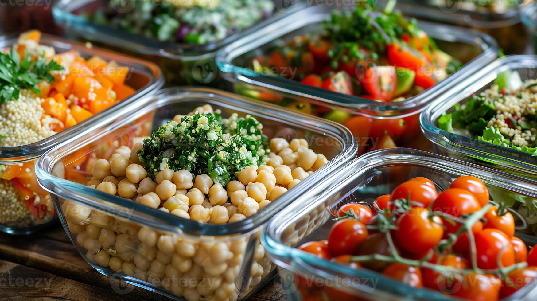 Glass containers with colorful salads including quinoa chickpeas cherry tomatoes and mixed greens, picture photo
