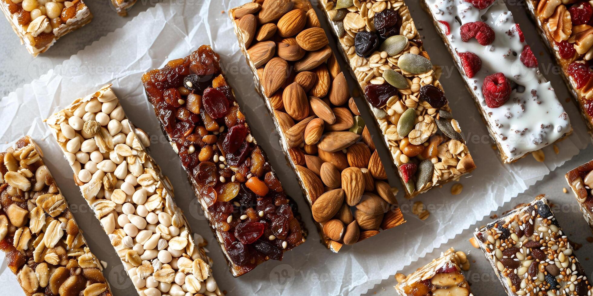 Collection of paleo granola bars packed with nuts, seeds, and dried fruits, arranged on parchment paper, photorealistic photo