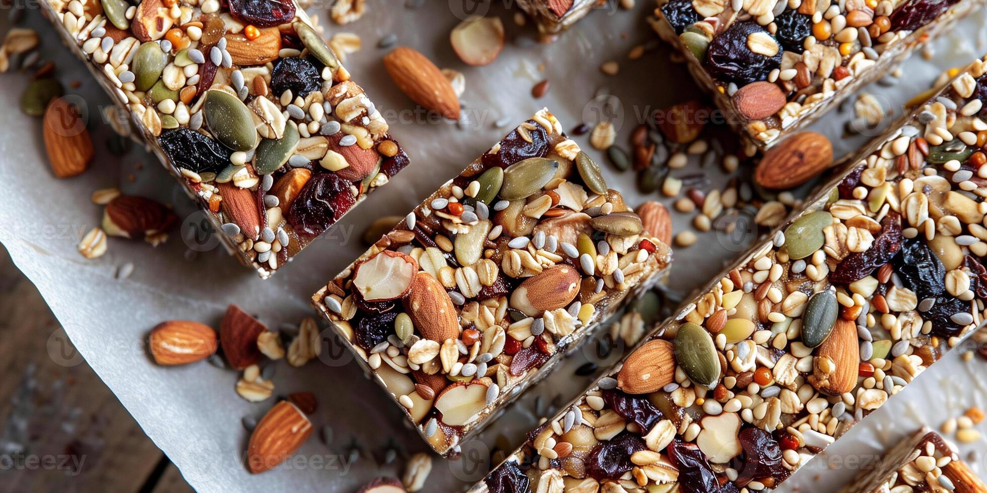 Collection of paleo granola bars packed with nuts, seeds, and dried fruits, arranged on parchment paper, photo