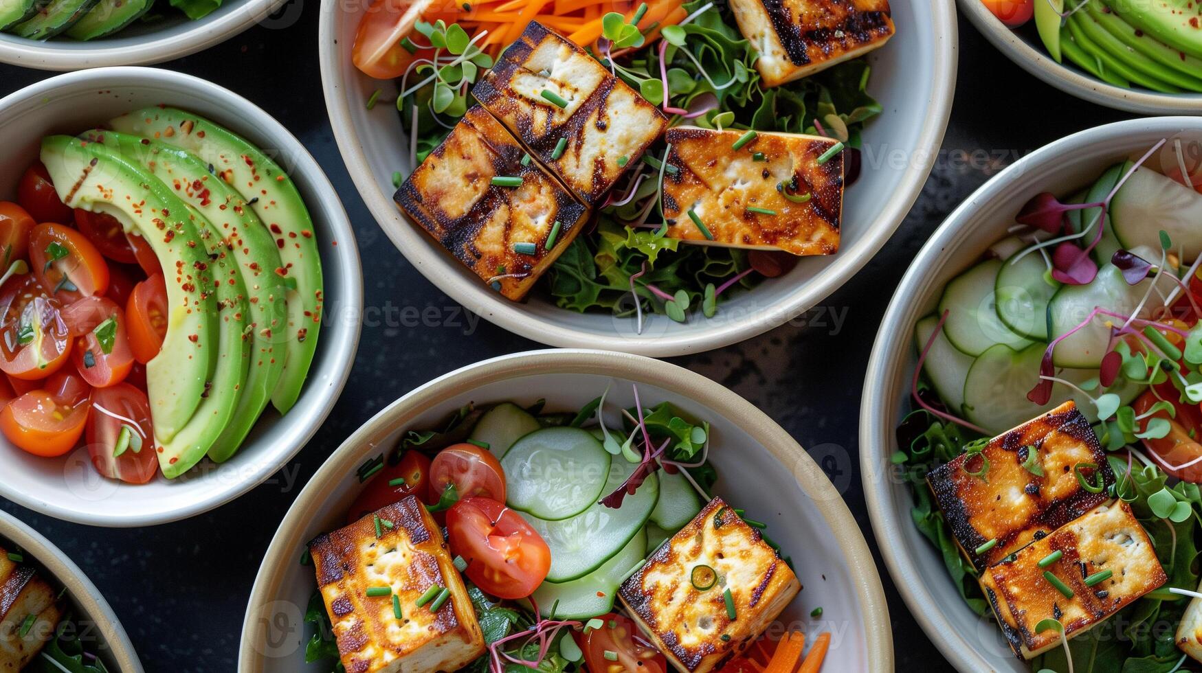 Pre-made salad bowls with grilled tofu avocado cherry tomatoes assorted toppings, photo