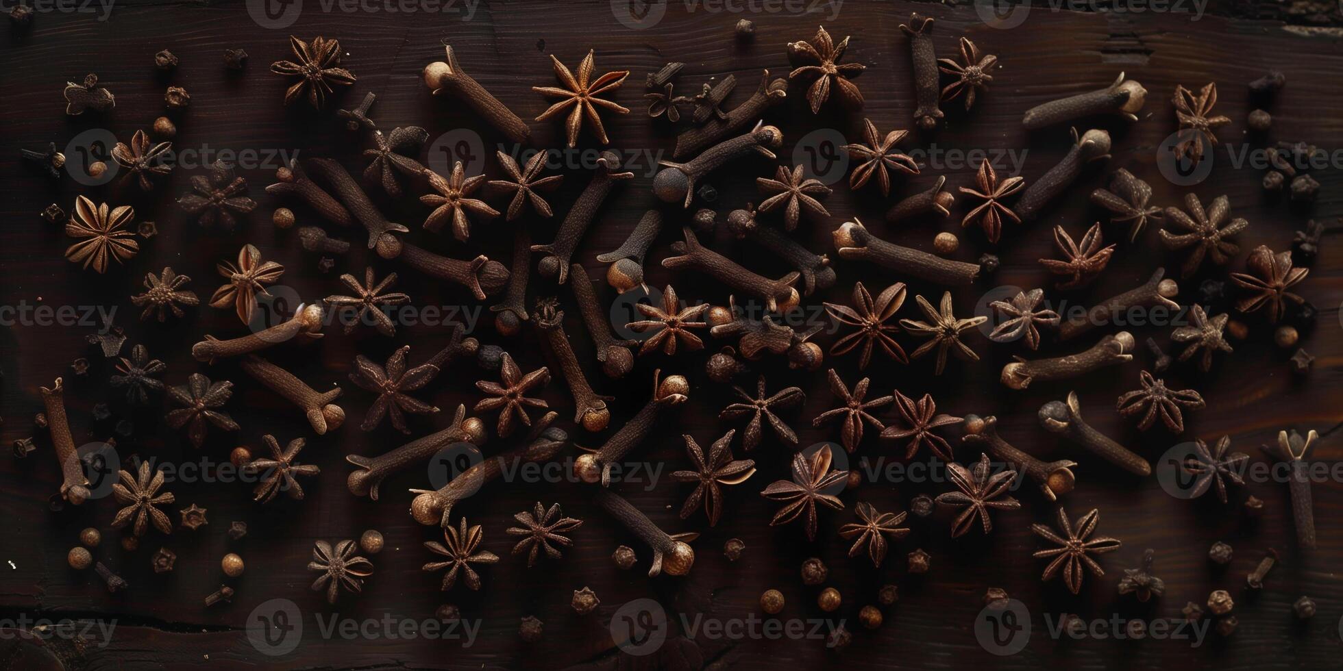 Whole cloves artistically arranged on dark wood, photorealistic photo