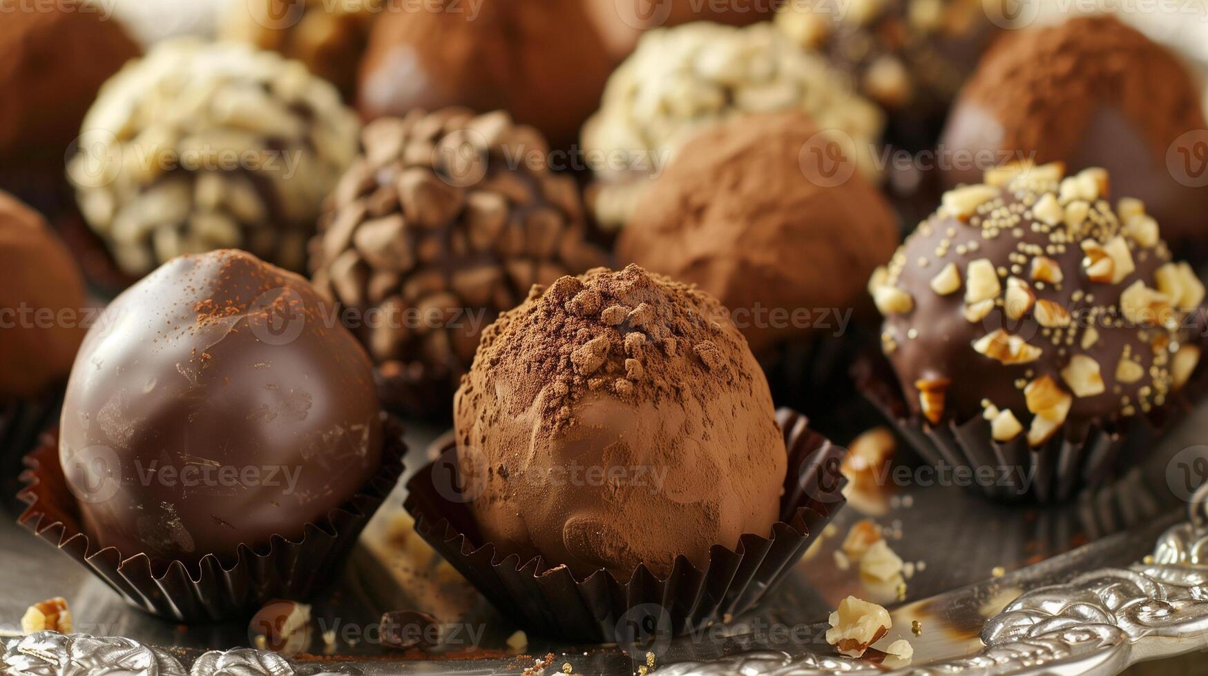 Collection of sugar-free chocolate truffles on a silver platter decorated with cocoa powder and crushed nuts, photo
