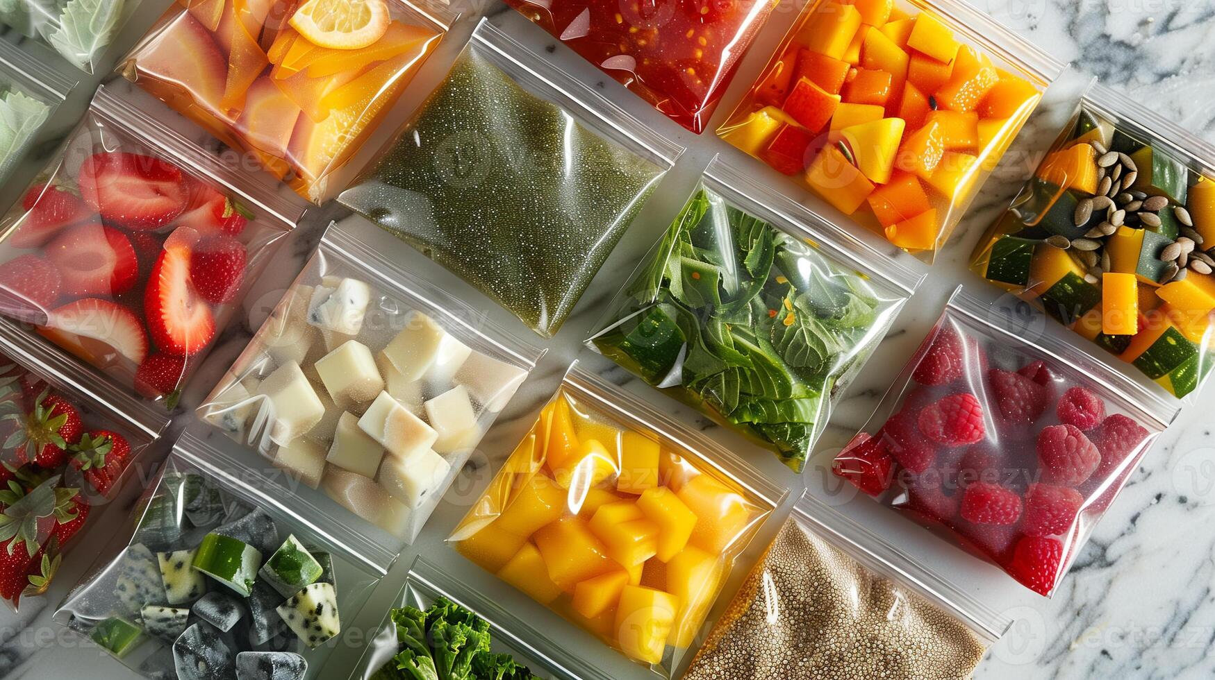 Smoothie prep bags with frozen fruits leafy greens and seeds laid out on countertop, photography photo