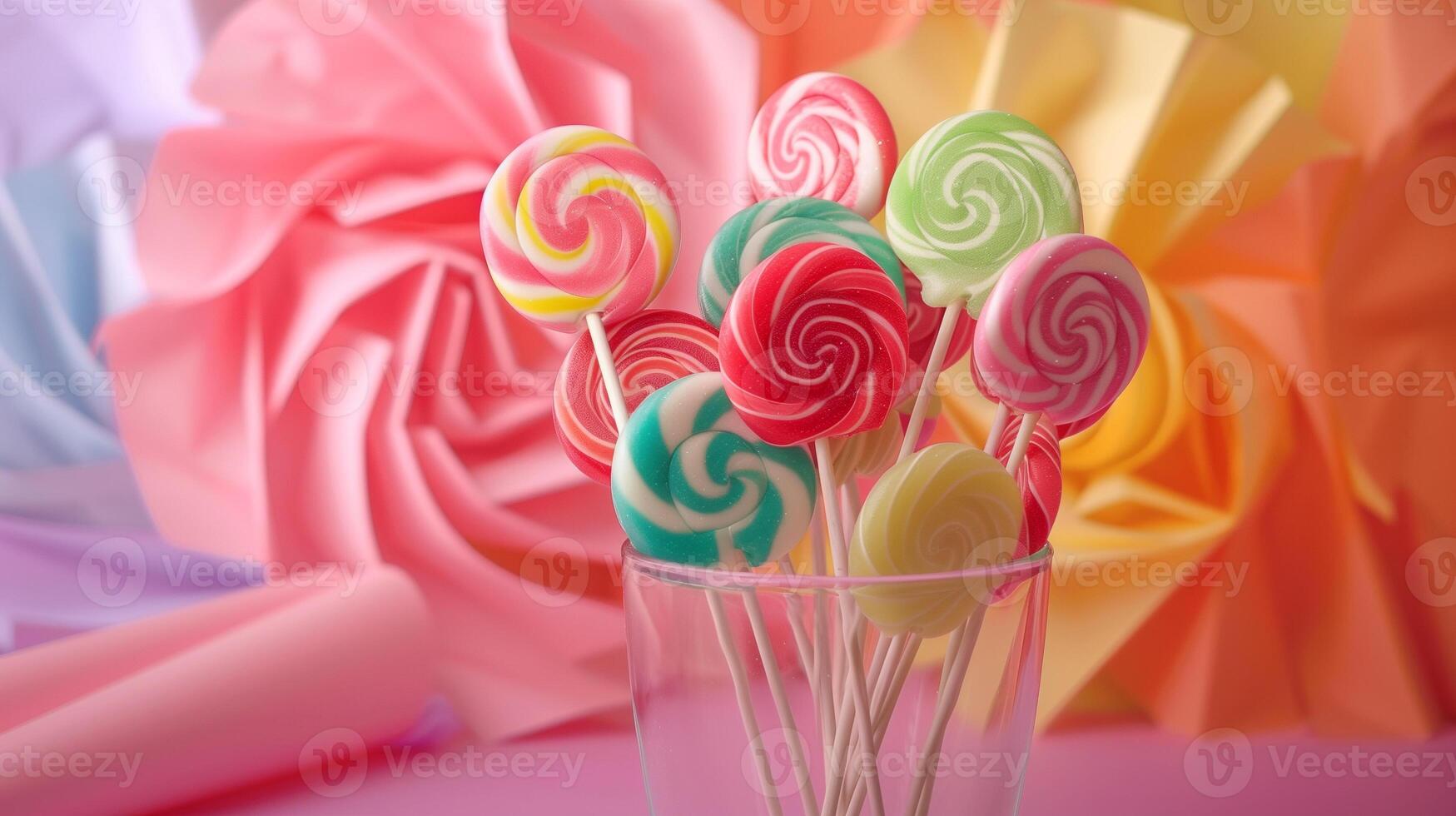 Colorful assortment of sugar-free lollipops in a clear glass vase with pastel-colored paper background, photo