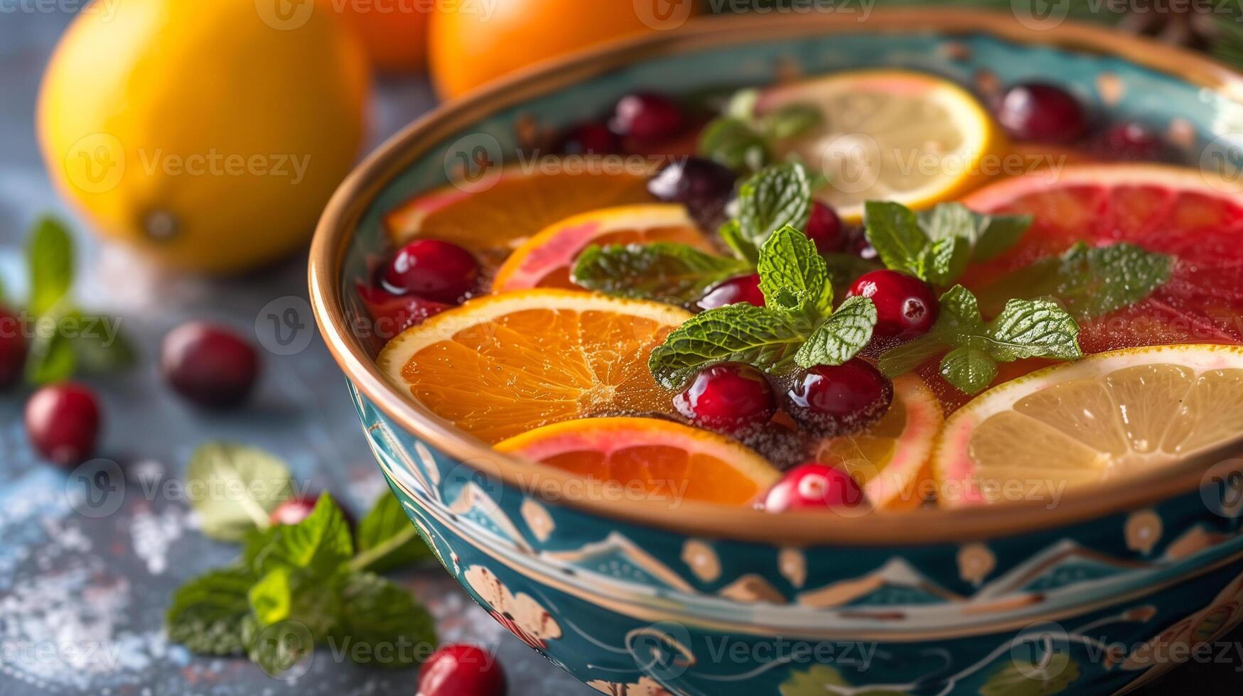 Colorful bowl of holiday punch with citrus slices cranberries fresh mint, photography photo