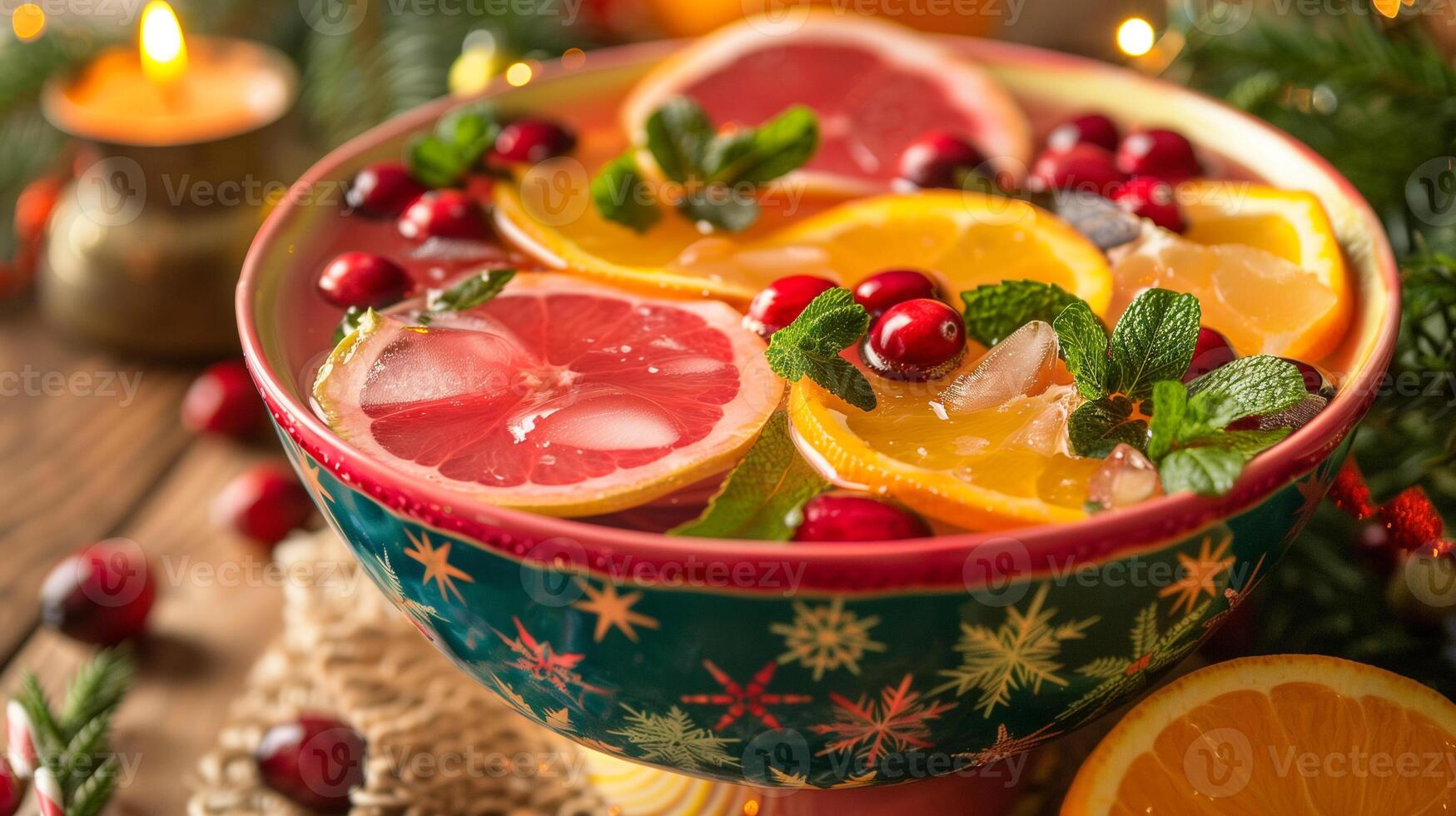 Colorful bowl of holiday punch with citrus slices cranberries fresh mint, photorealistic photo
