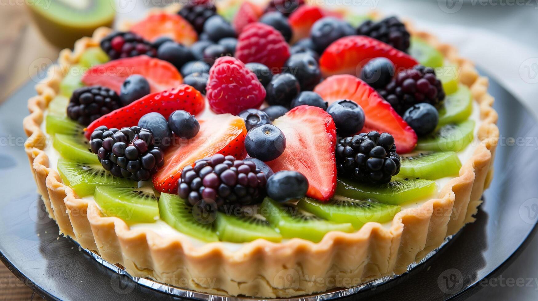 A colorful fruit tart with a crisp pastry shell filled with vanilla custard and topped with an array of fresh berries and kiwi slices, photography photo