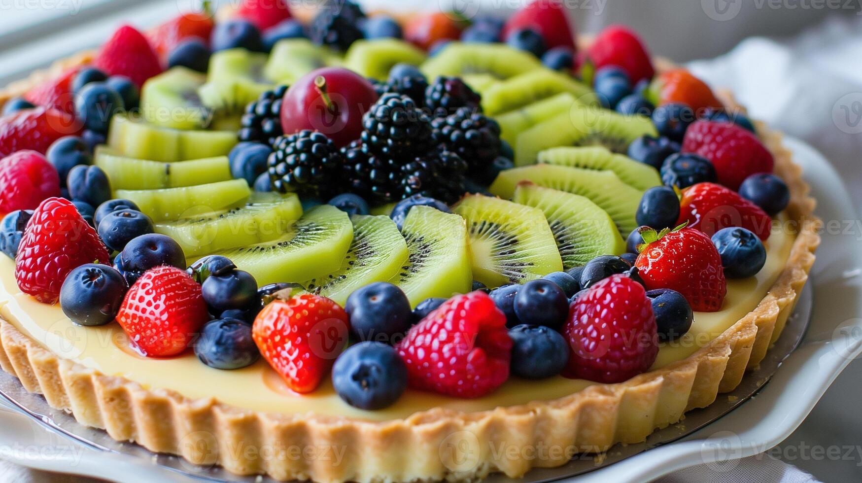 A colorful fruit tart with a crisp pastry shell filled with vanilla custard and topped with an array of fresh berries and kiwi slices, photo