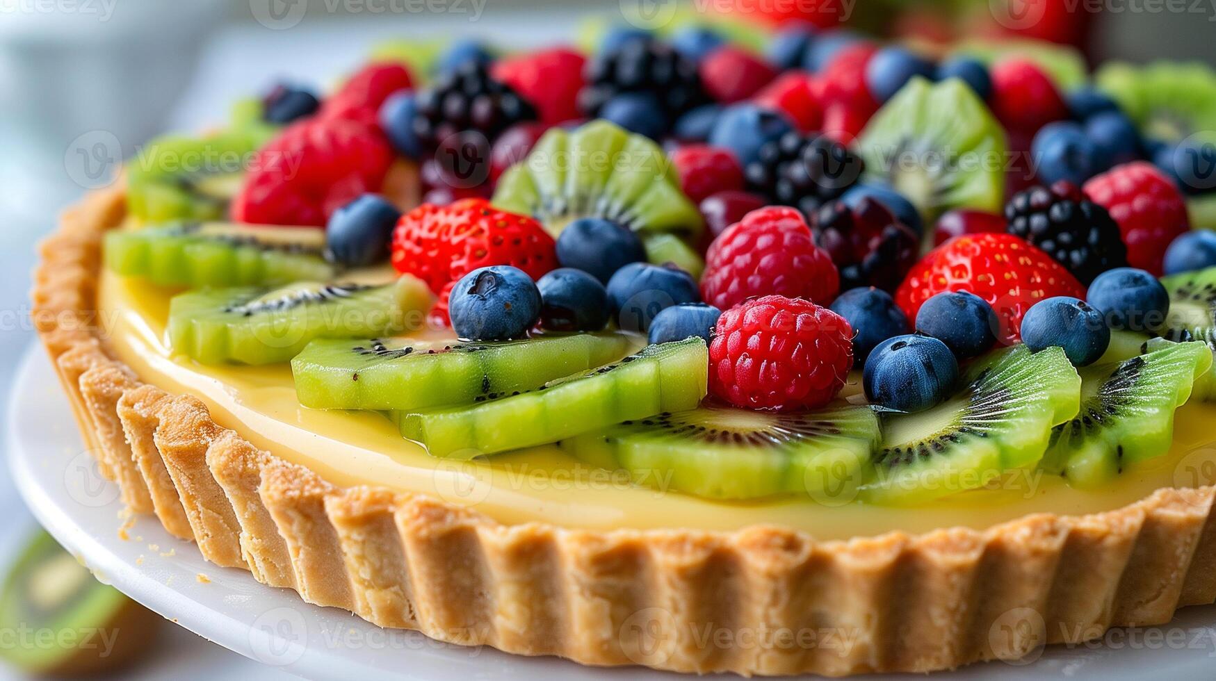 A colorful fruit tart with a crisp pastry shell filled with vanilla custard and topped with an array of fresh berries and kiwi slices, photorealistic photo