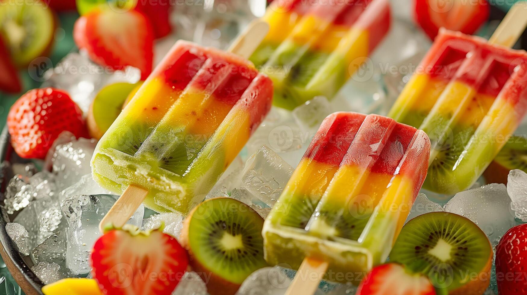 Colorful platter of sugar-free fruit popsicles on a bed of ice featuring strawberry mango and kiwi layers, photo