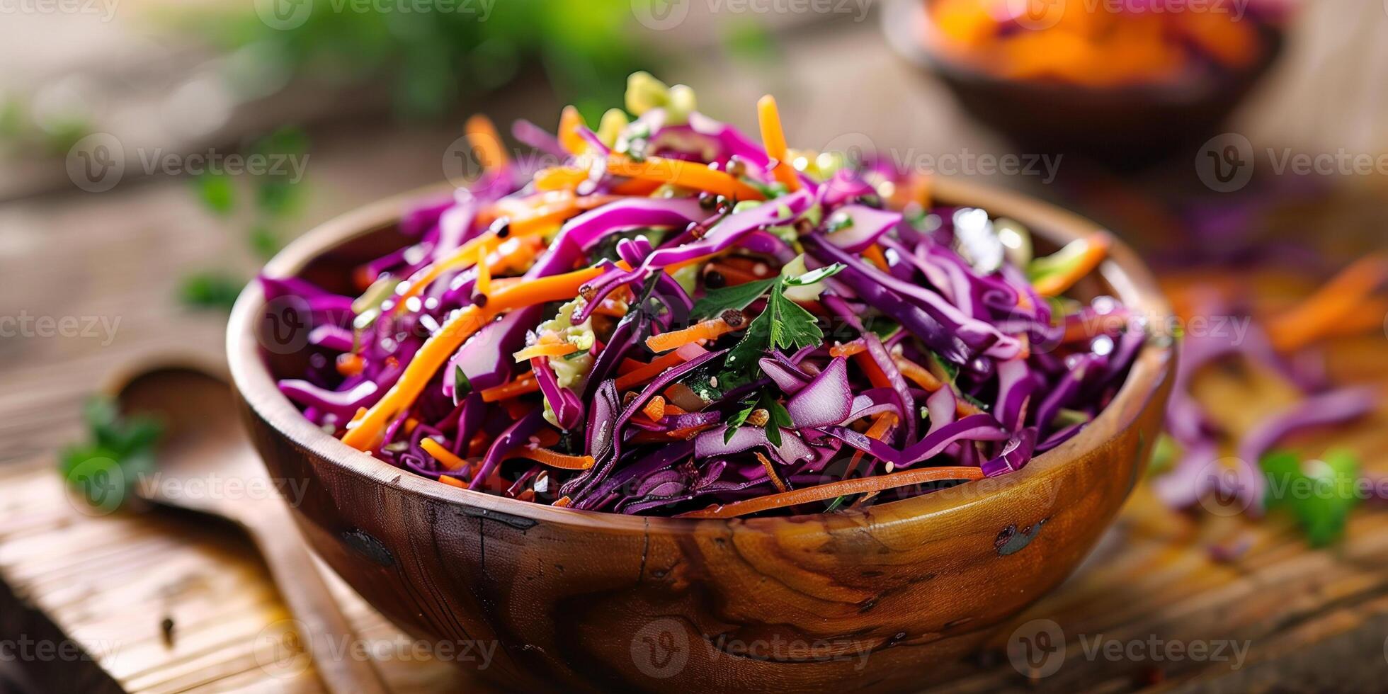 Colorful raw coleslaw with shredded red cabbage, carrots, and creamy avocado dressing in a rustic wooden bowl, photorealistic photo