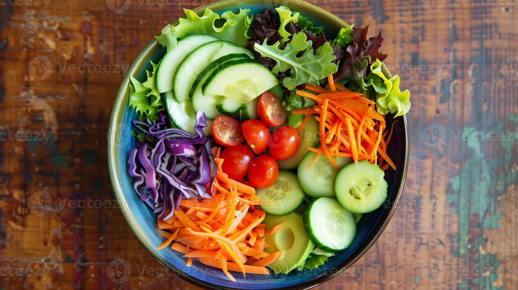 Colorful salad bowl with mixed greens cherry tomatoes cucumbers shredded carrots avocado lemon vinaigrette, photo