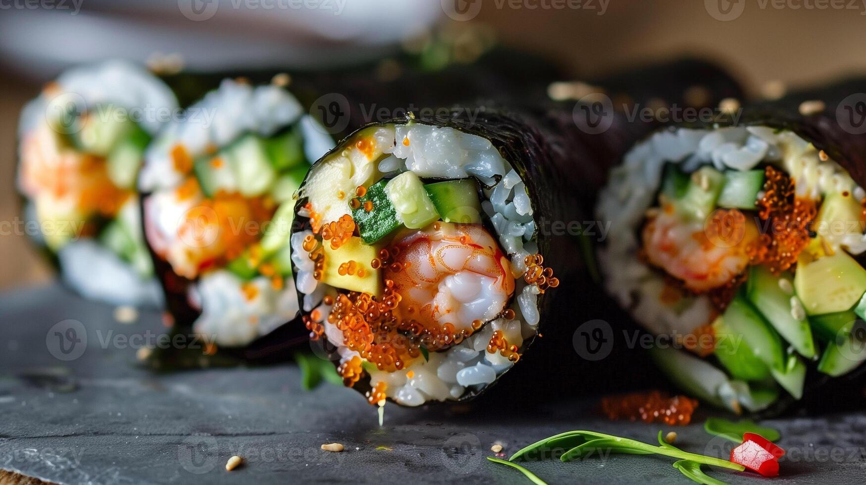 Colorful sushi burrito with nori sushi rice tempura shrimp avocado cucumber and spicy aioli, picture photo