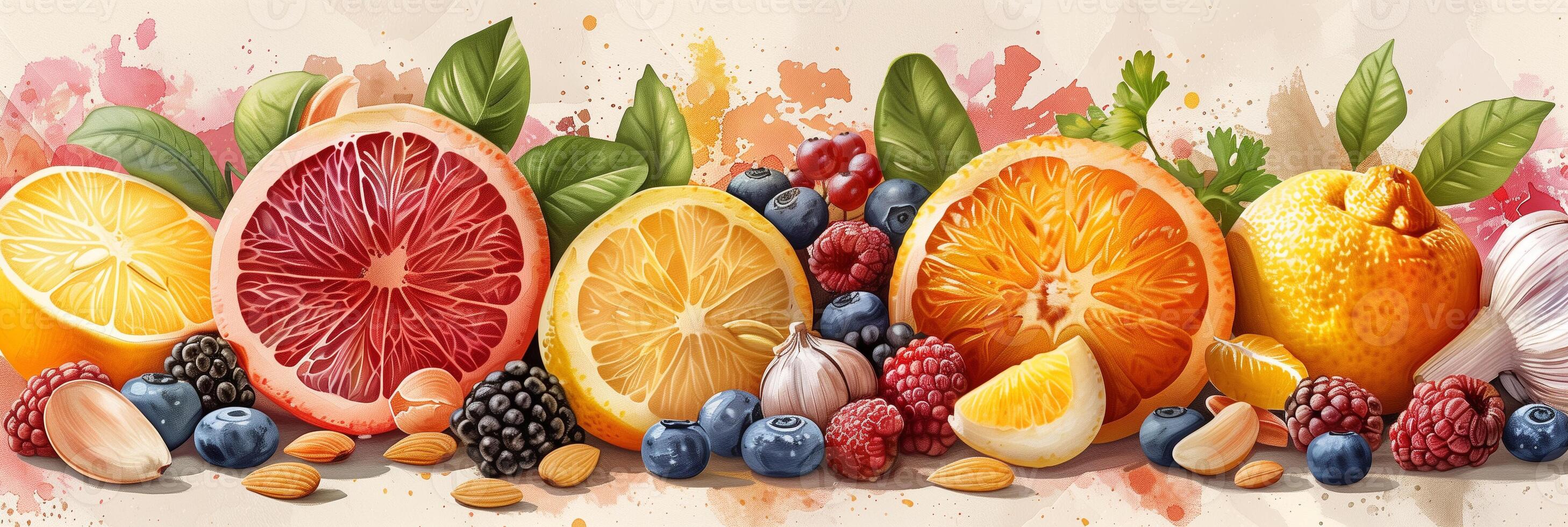Colorful illustration of citrus fruit, almonds, berries, garlic, and ginger, photorealistic photo