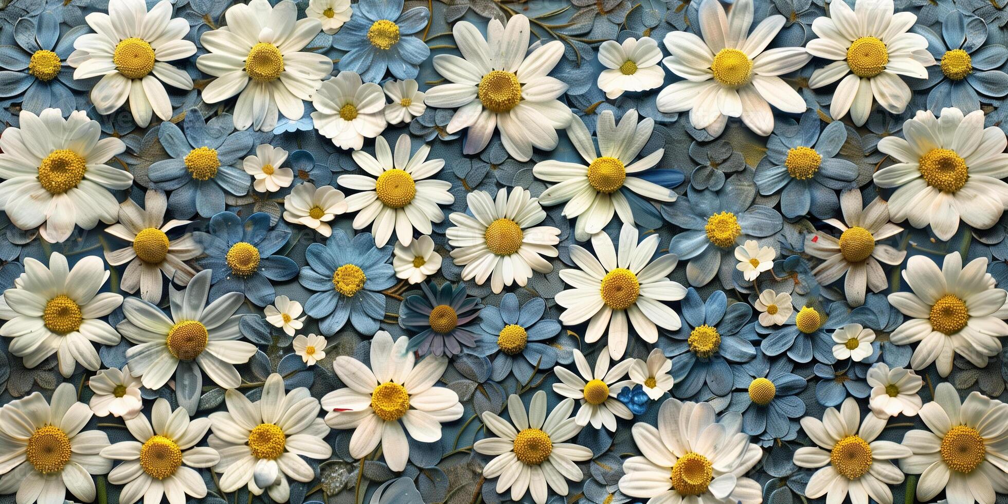Pressed daisies and forget-me-nots arranged in a symmetrical pattern, photography photo