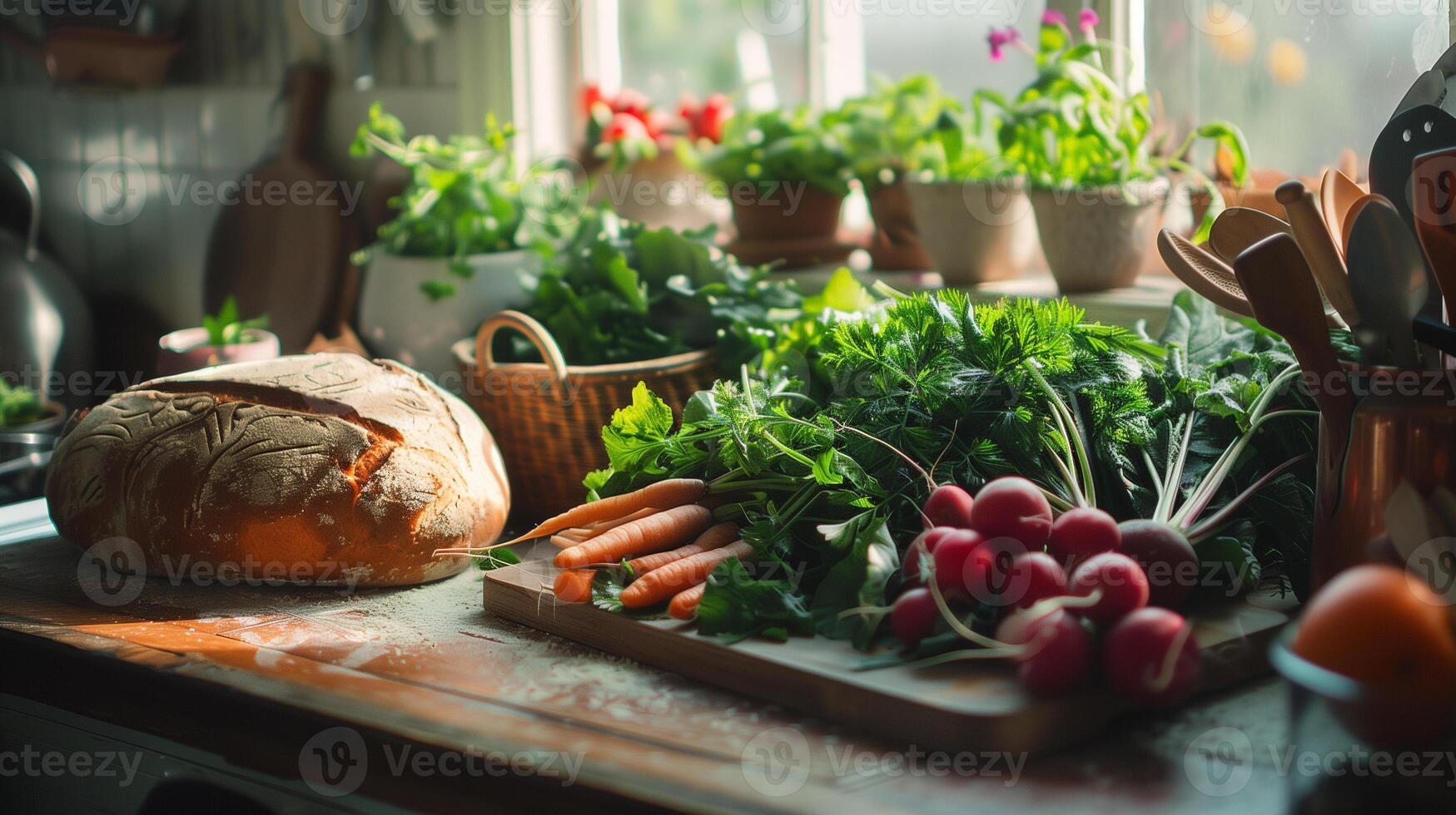 Cozy kitchen scene with a cutting board full of freshly harvested carrots radishes and leafy greens alongside a loaf of homemade whole-grain bread, photorealistic photo
