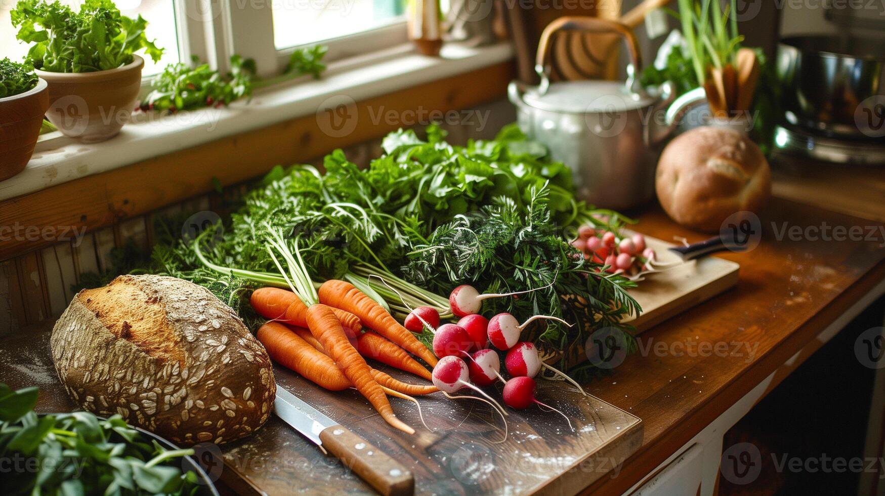 Cozy kitchen scene with a cutting board full of freshly harvested carrots radishes and leafy greens alongside a loaf of homemade whole-grain bread, picture photo