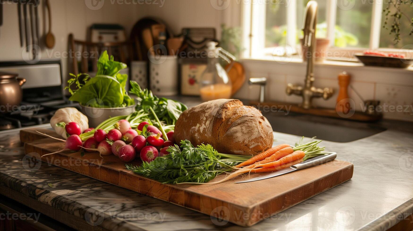 Cozy kitchen scene with a cutting board full of freshly harvested carrots radishes and leafy greens alongside a loaf of homemade whole-grain bread, photo