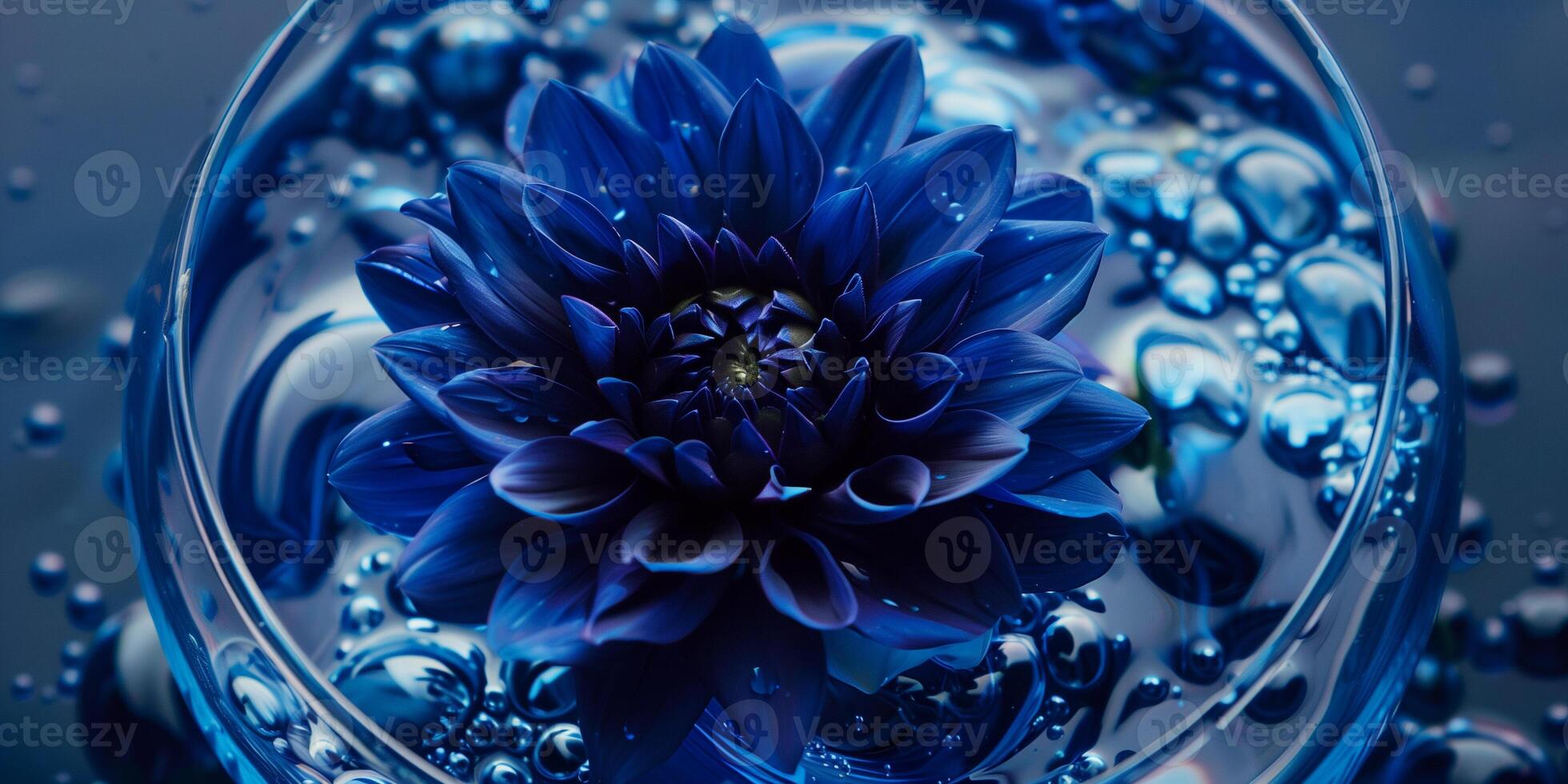 Dahlia in a glass vessel of dark blue dye, the color spreading slowly, photography photo