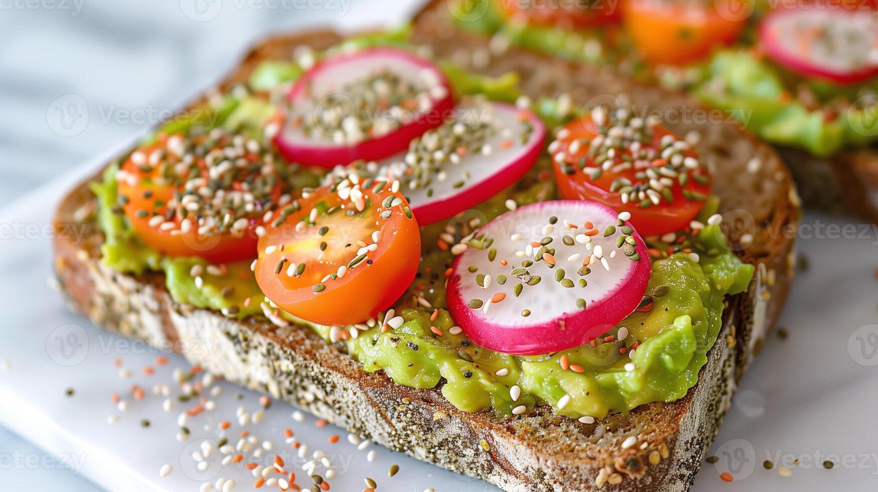 Dairy-free avocado toast with radish cherry tomatoes and hemp seeds on whole grain bread, photo