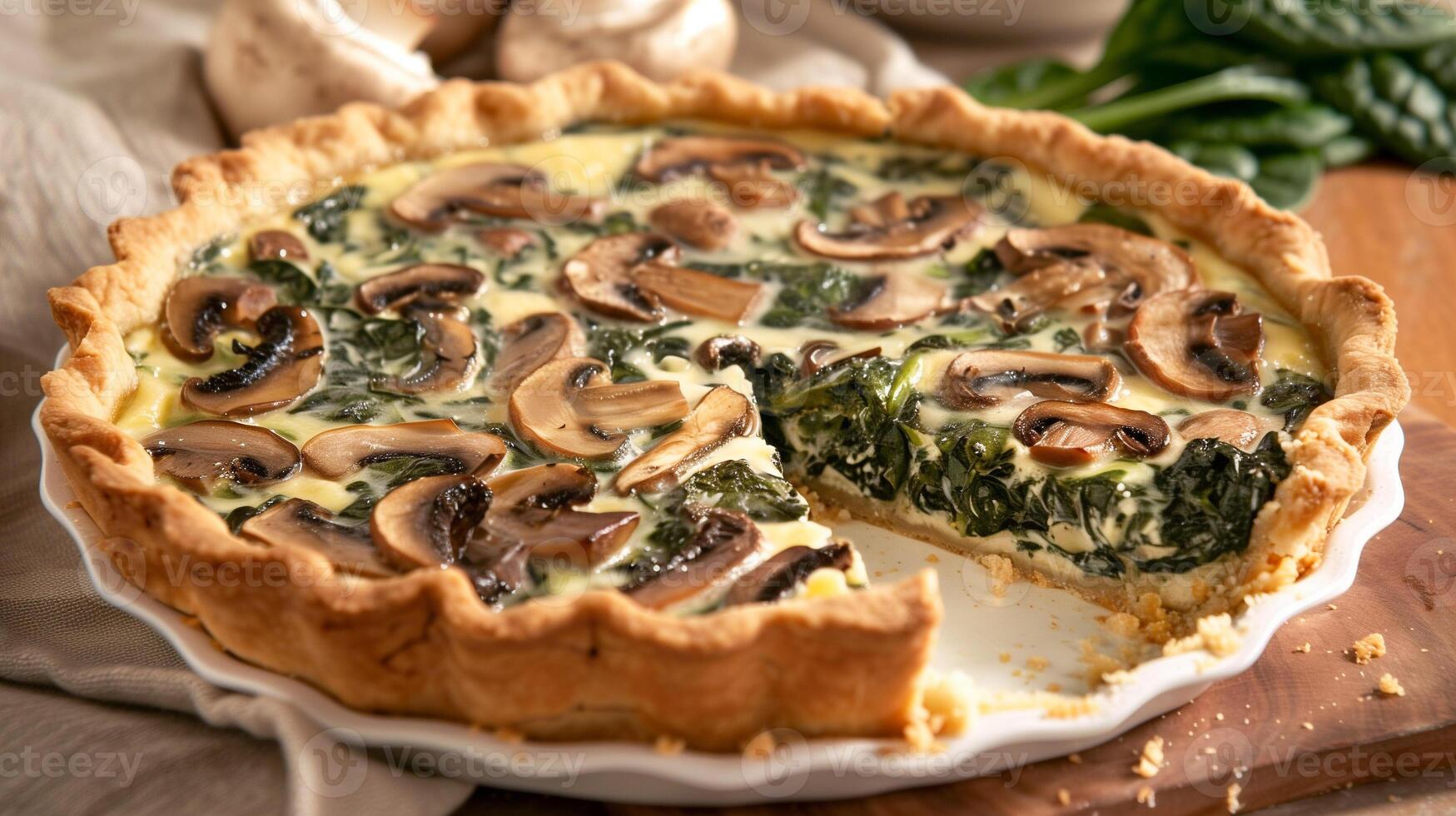 Dairy-free spinach and mushroom quiche with golden-brown crust sliced to show creamy filling, photography photo