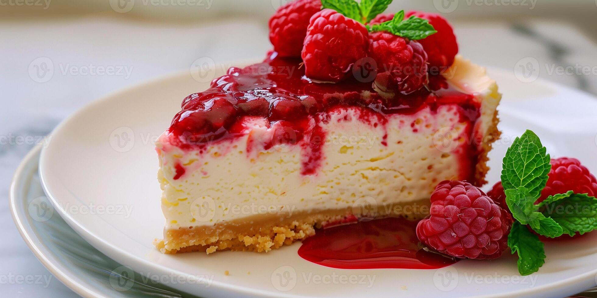 Decadent keto cheesecake slice topped with raspberry compote and fresh mint leaves, photo