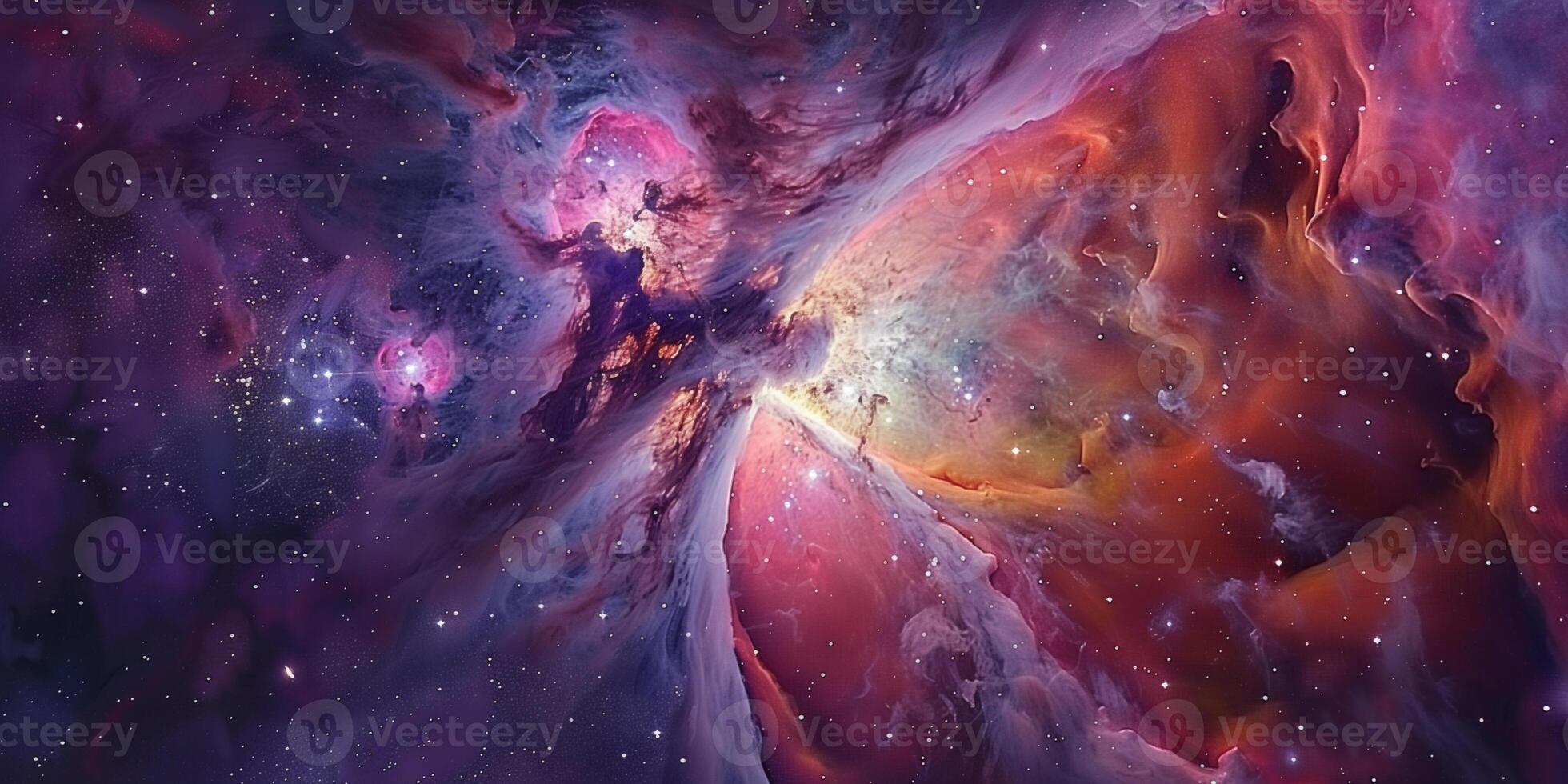 Deep-space view of the Orion Nebula with gas and newborn stars, photography photo