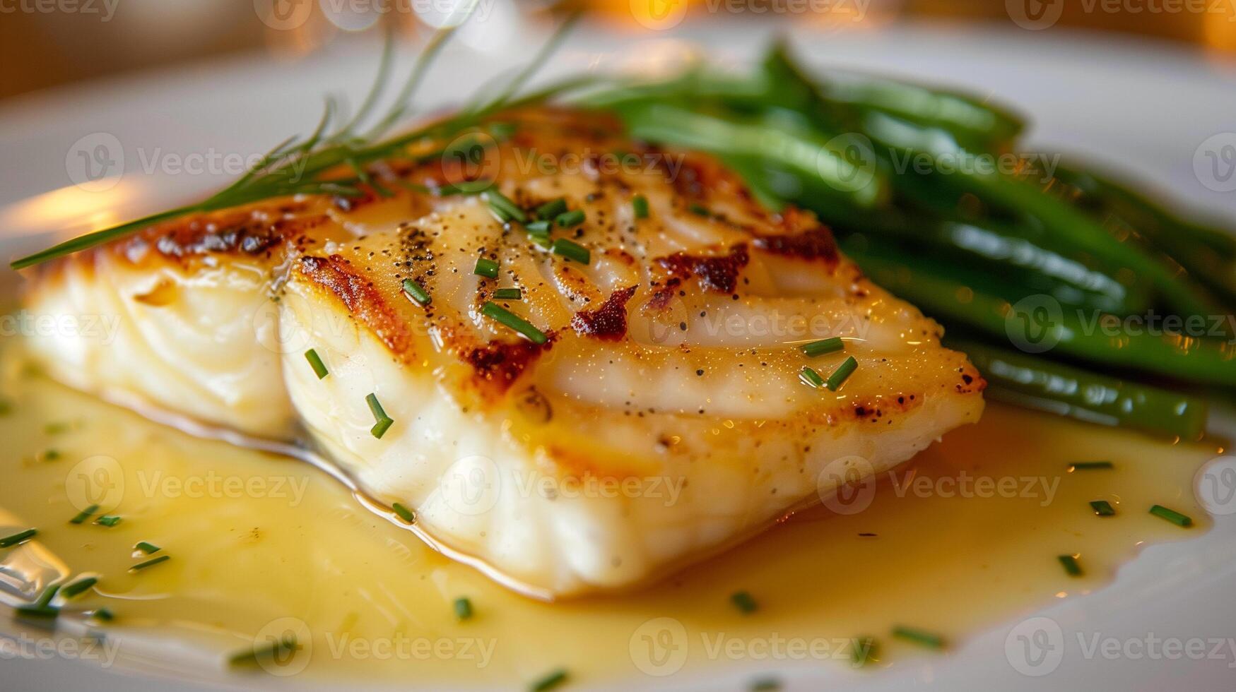 Pan-seared halibut with lemon butter sauce and green beans, photorealistic photo