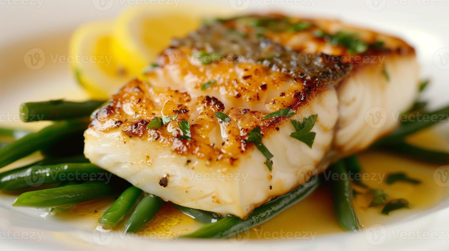 Pan-seared halibut with lemon butter sauce and green beans, photography photo