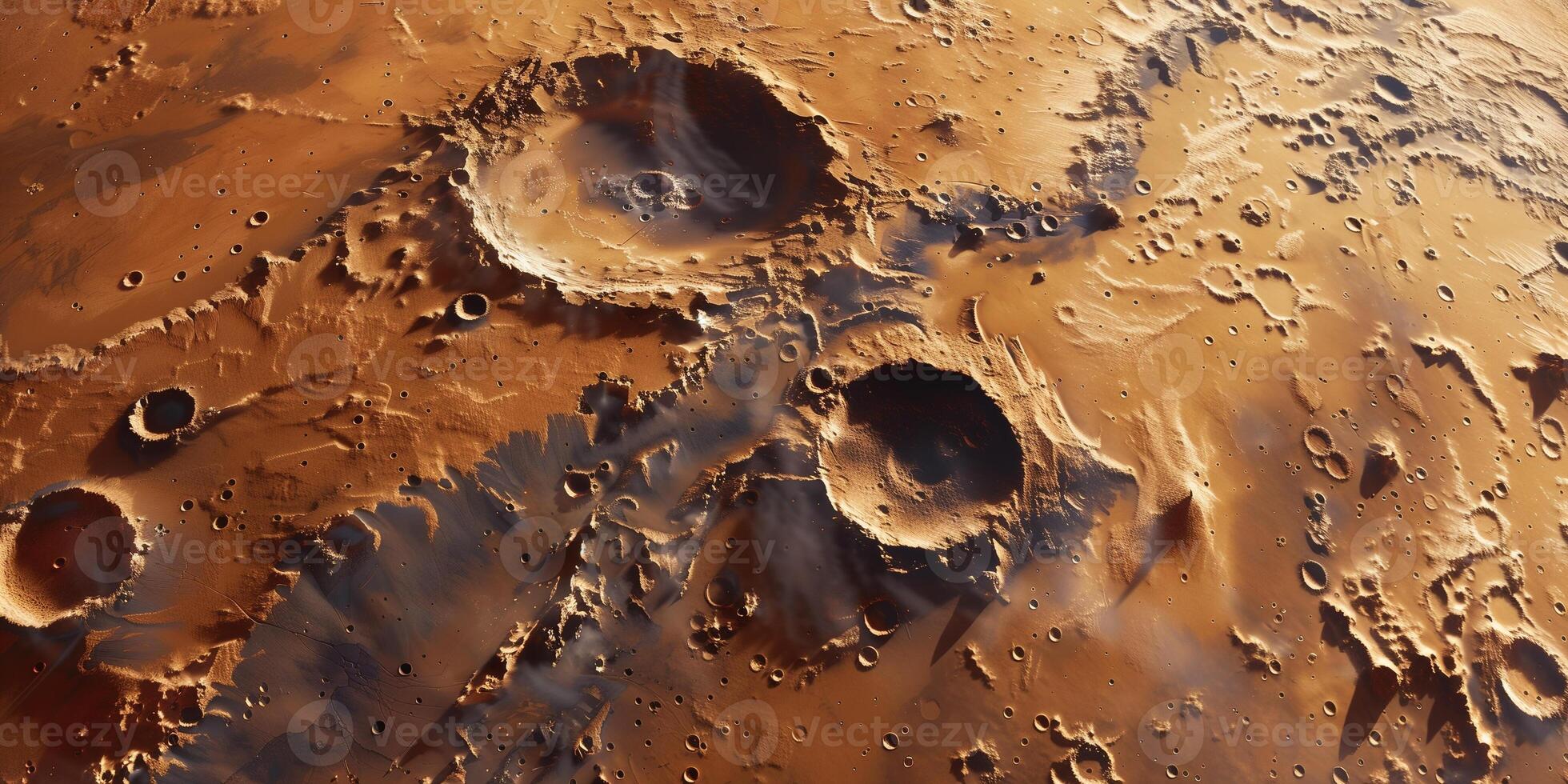 Detailed image of Mars surface showing various geological features like craters, valleys, and dust storms, photo