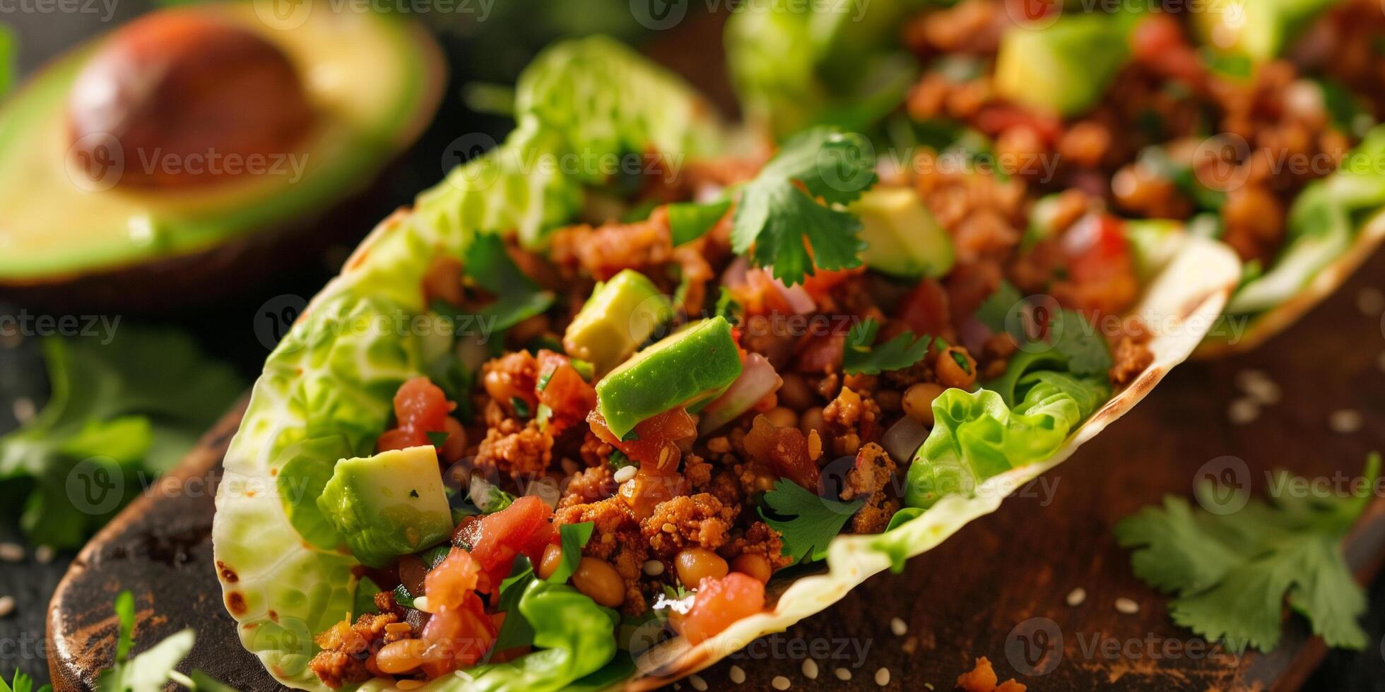 Detailed shot of a raw vegan taco with walnut meat, fresh salsa, avocado, and cilantro in a lettuce leaf, picture photo