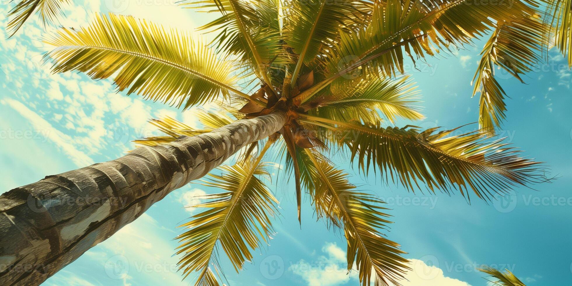 Detailed view of a coconut palm tree, its slender trunk rising amidst a canopy of large, fan-like leaves, photorealistic photo