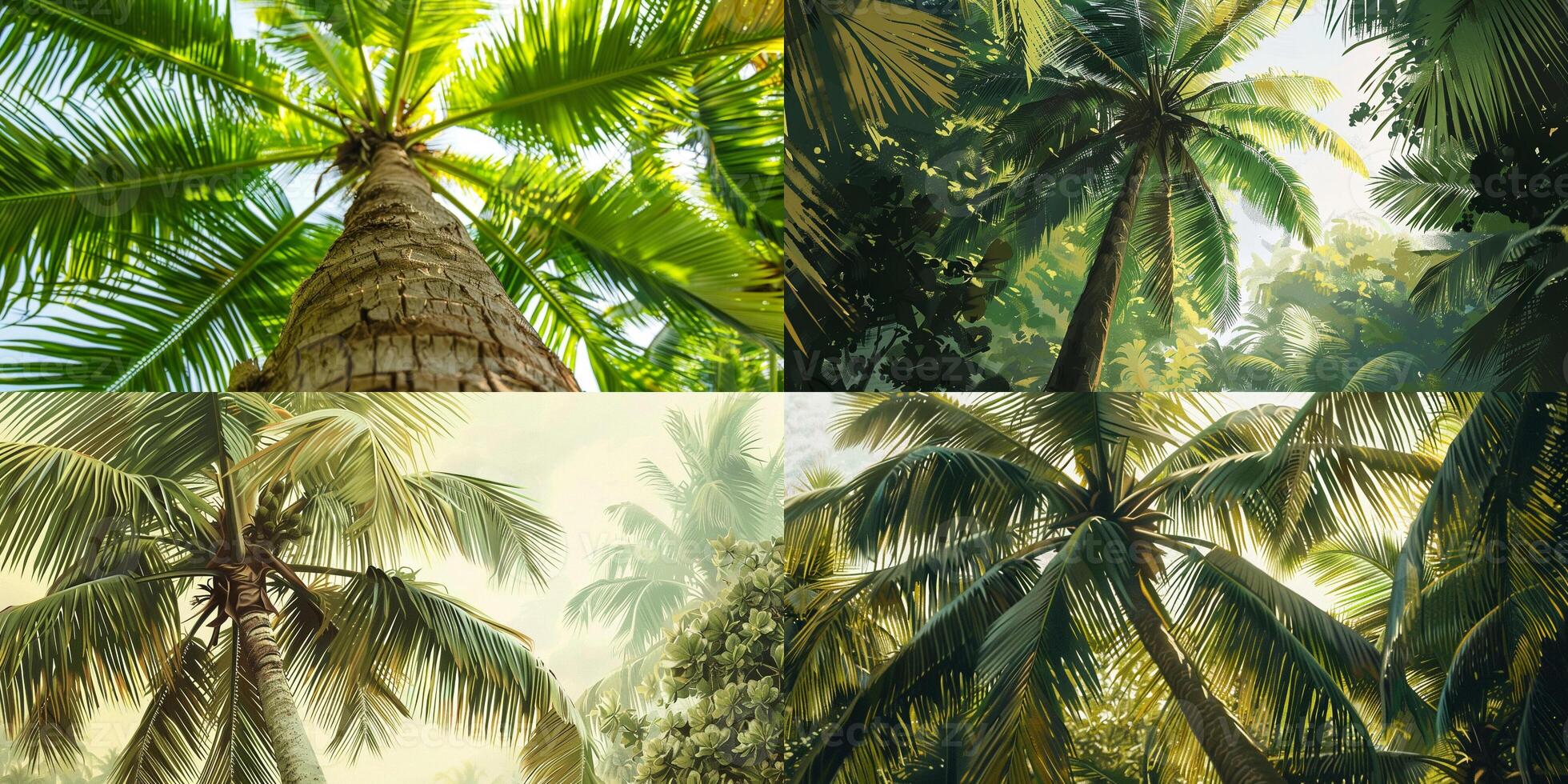 Detailed view of a coconut palm tree, its slender trunk rising amidst a canopy of large, fan-like leaves, picture photo