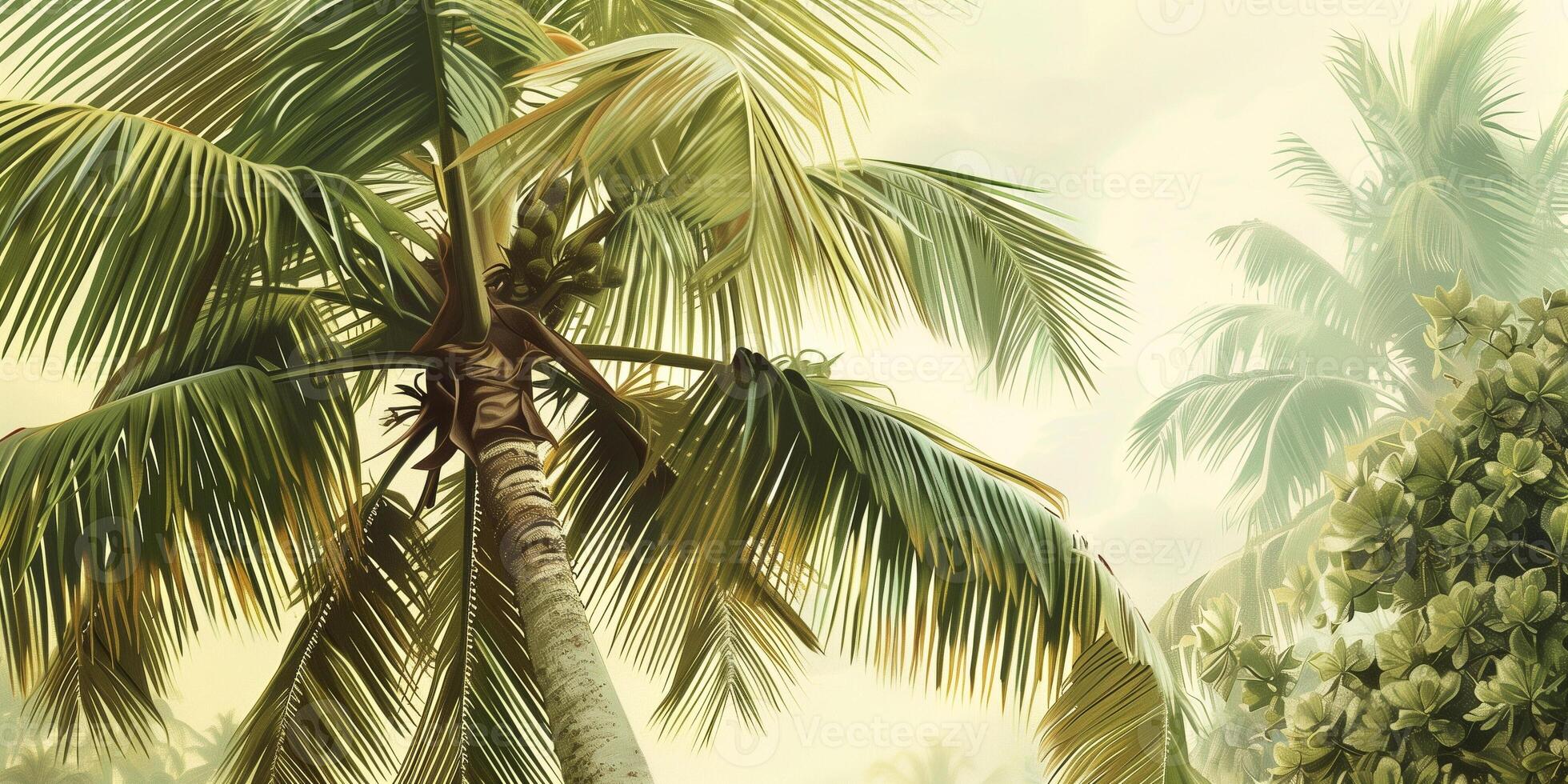 Detailed view of a coconut palm tree, its slender trunk rising amidst a canopy of large, fan-like leaves, photography photo