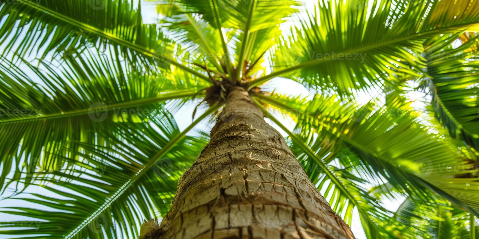 Detailed view of a coconut palm tree, its slender trunk rising amidst a canopy of large, fan-like leaves, photo