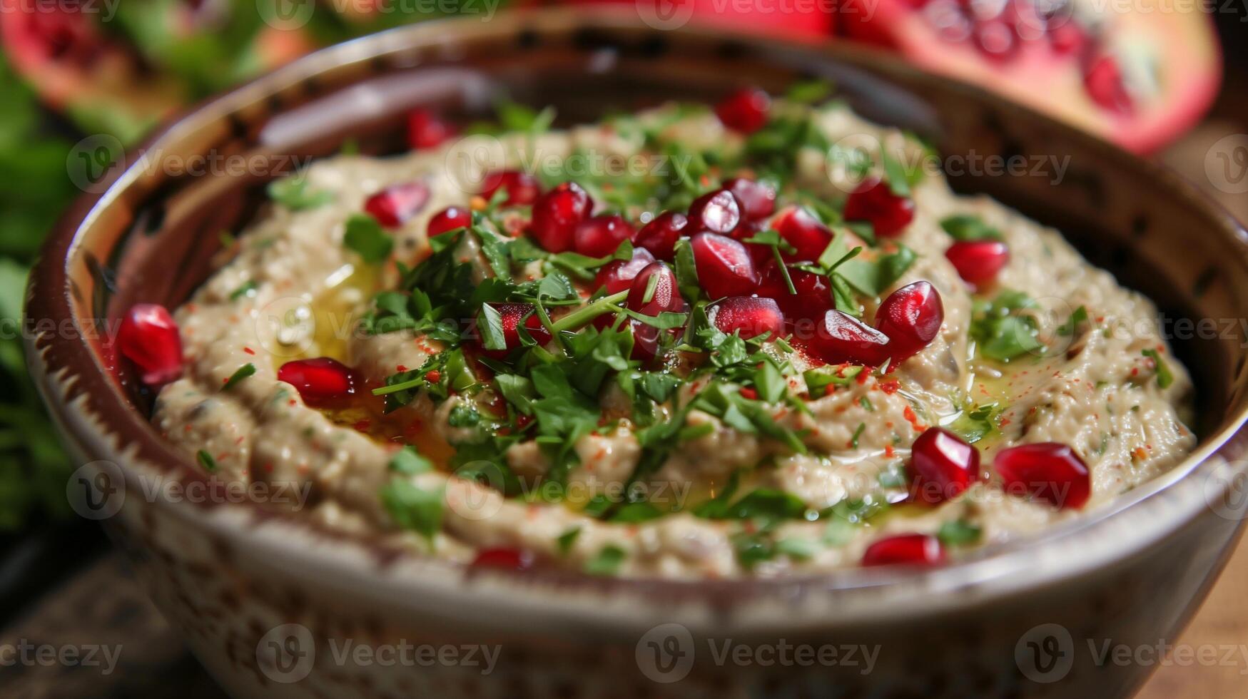 Dish of baba ganoush garnished with pomegranate seeds and parsley, picture photo