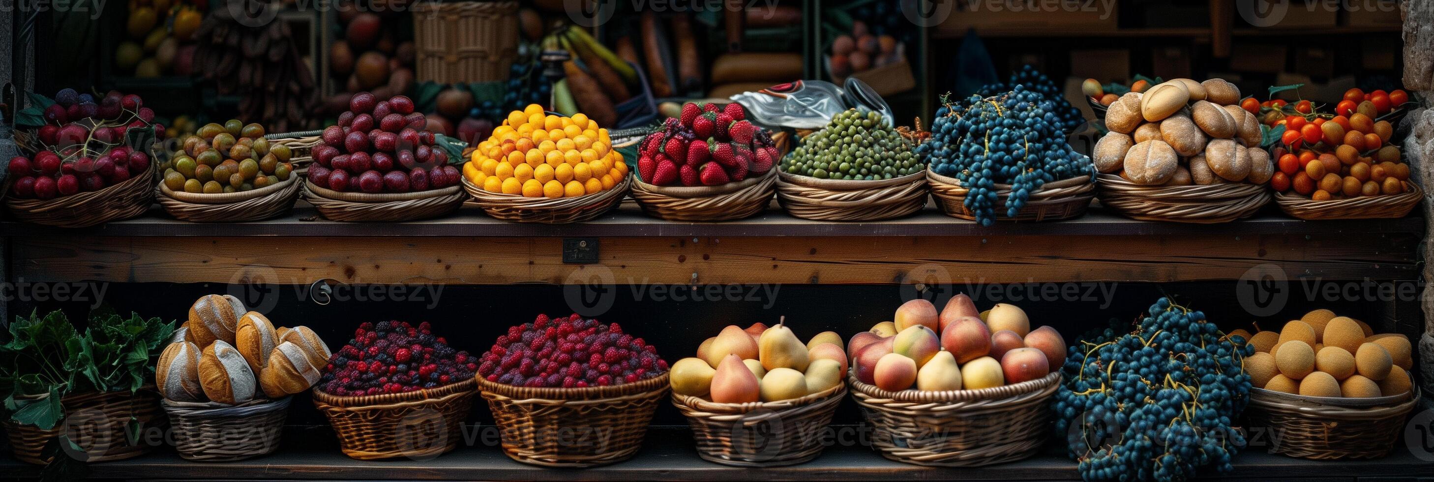 Display of fruit, berries, and breads in a market with moody colors, photorealistic photo