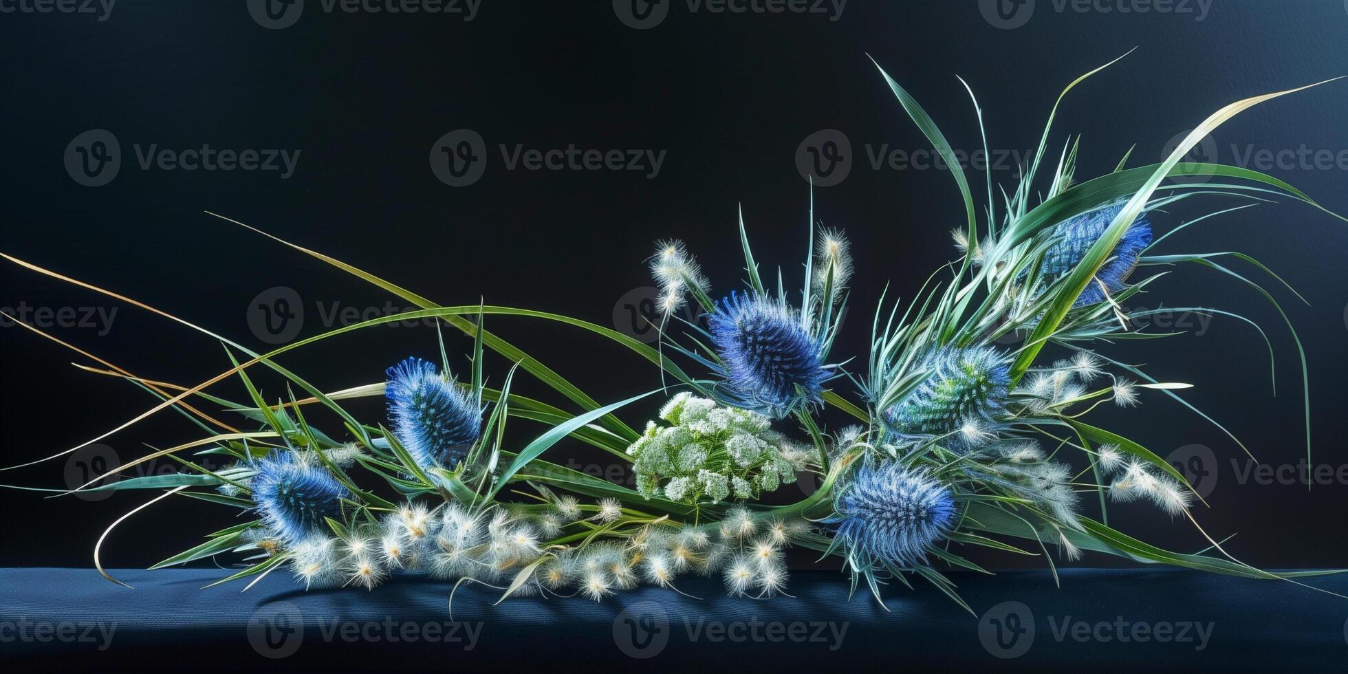 Freestyle Ikebana composition combining spiky blue eryngium and wispy blades of bear grass against a black lacquered backdrop, picture photo
