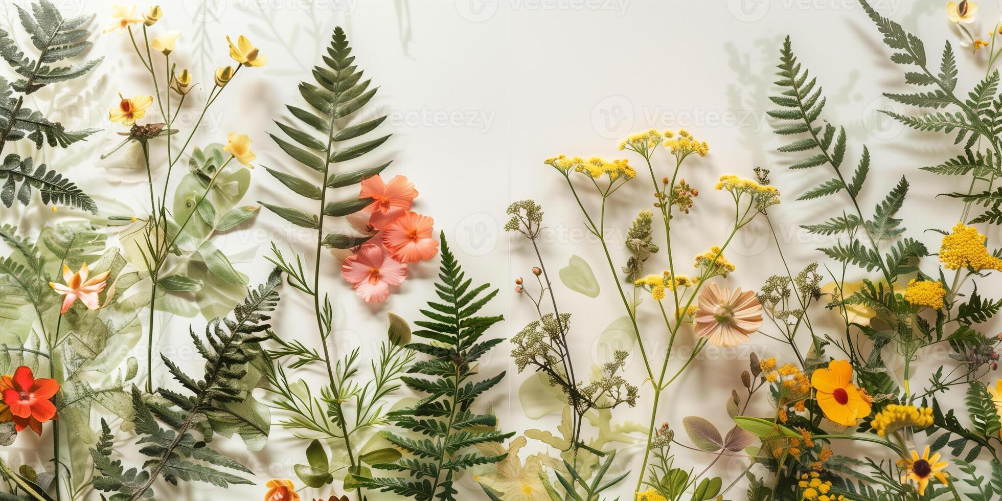 Framed display of pressed ferns and delicate flower blossoms arranged with precision, photography photo